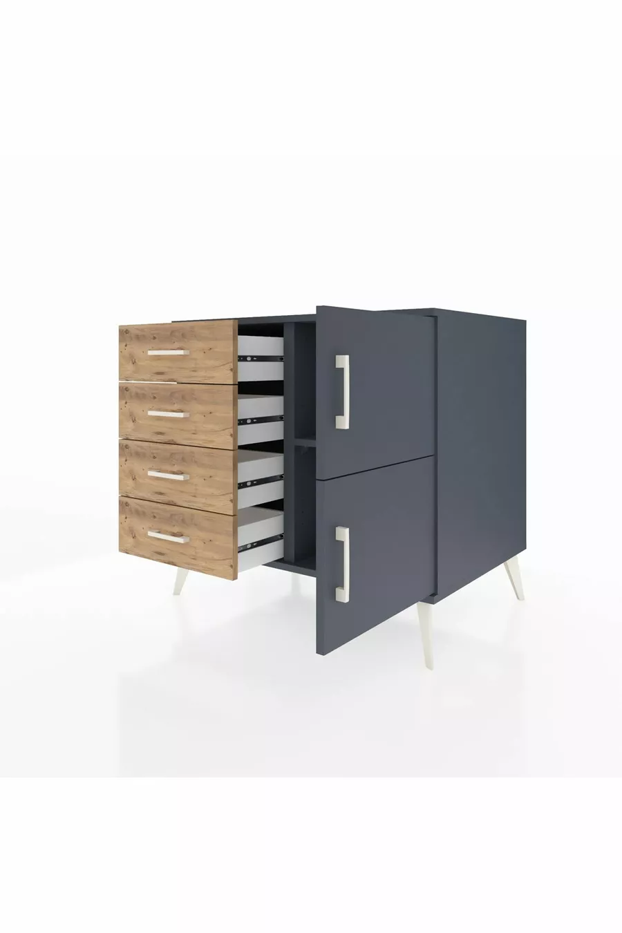 Commode Kronos à une étagère, 4 tiroirs, 2 portes Anthracite-Anthracite/Sapin