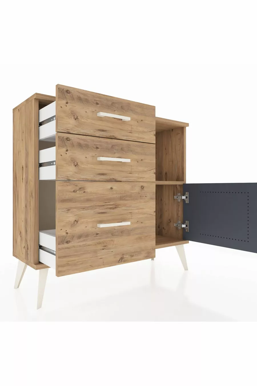 Commode Arges avec une étagère, 3 tiroirs et une porte, pin-anthracite/pin