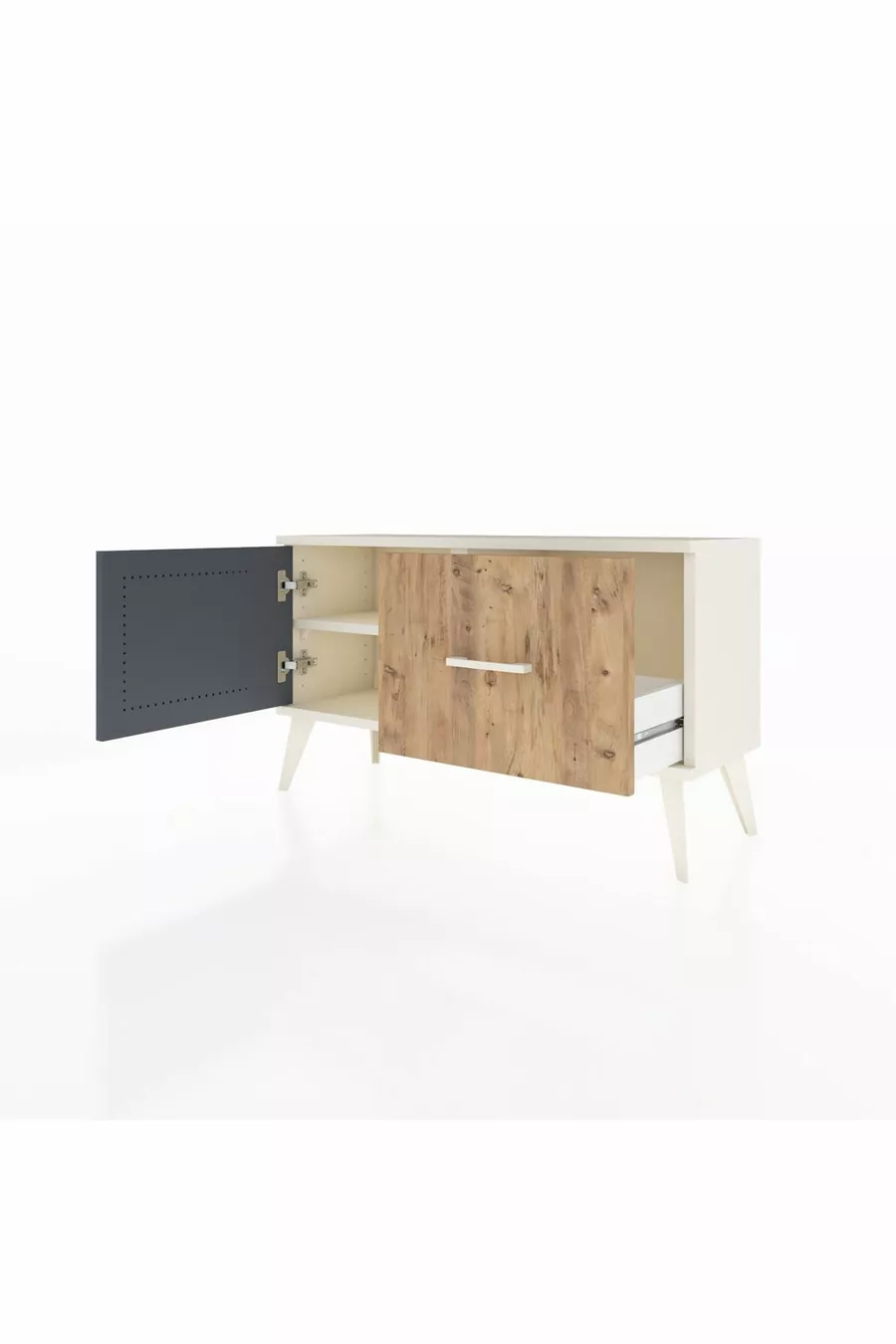 Commode Arges avec une étagère, un tiroir et une porte, coloris Pierre de Lune-Anthracite/Pin