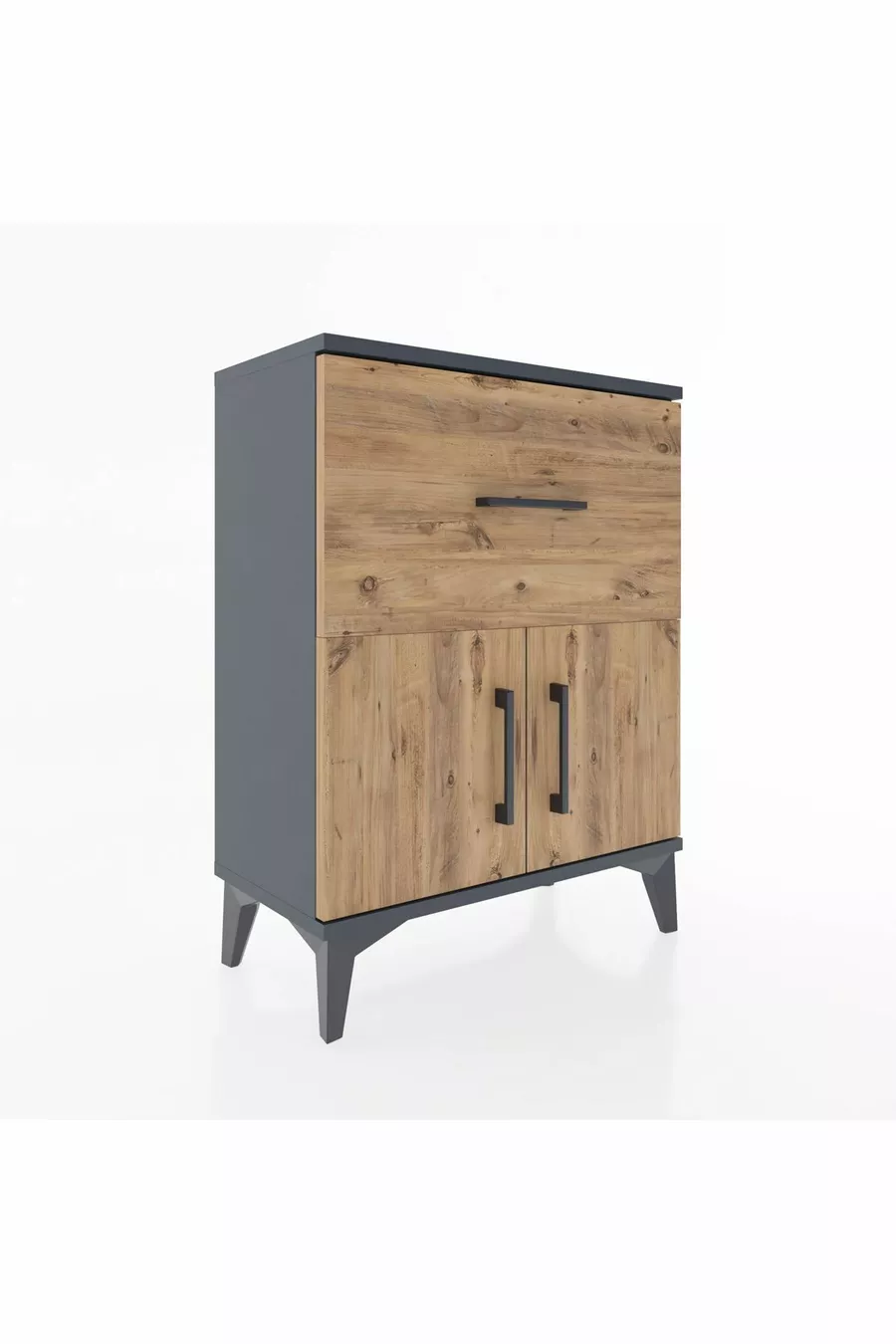 Table de chevet Arges avec une étagère, un tiroir et deux portes, Anthracite-Épicéa