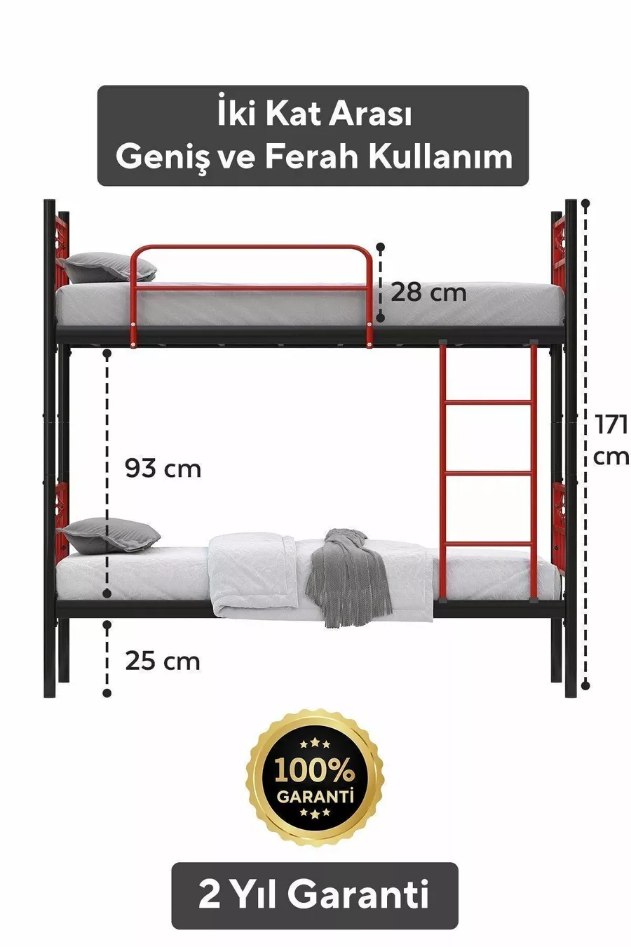 Lit superposé Koza Ranza compatible avec matelas, rouge, cadre métallique détachable