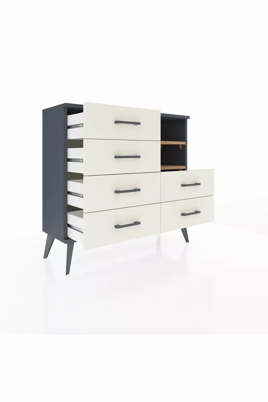 Commode Arges 2 étagères 6 tiroirs Anthracite-Pin/Pierre de Lune