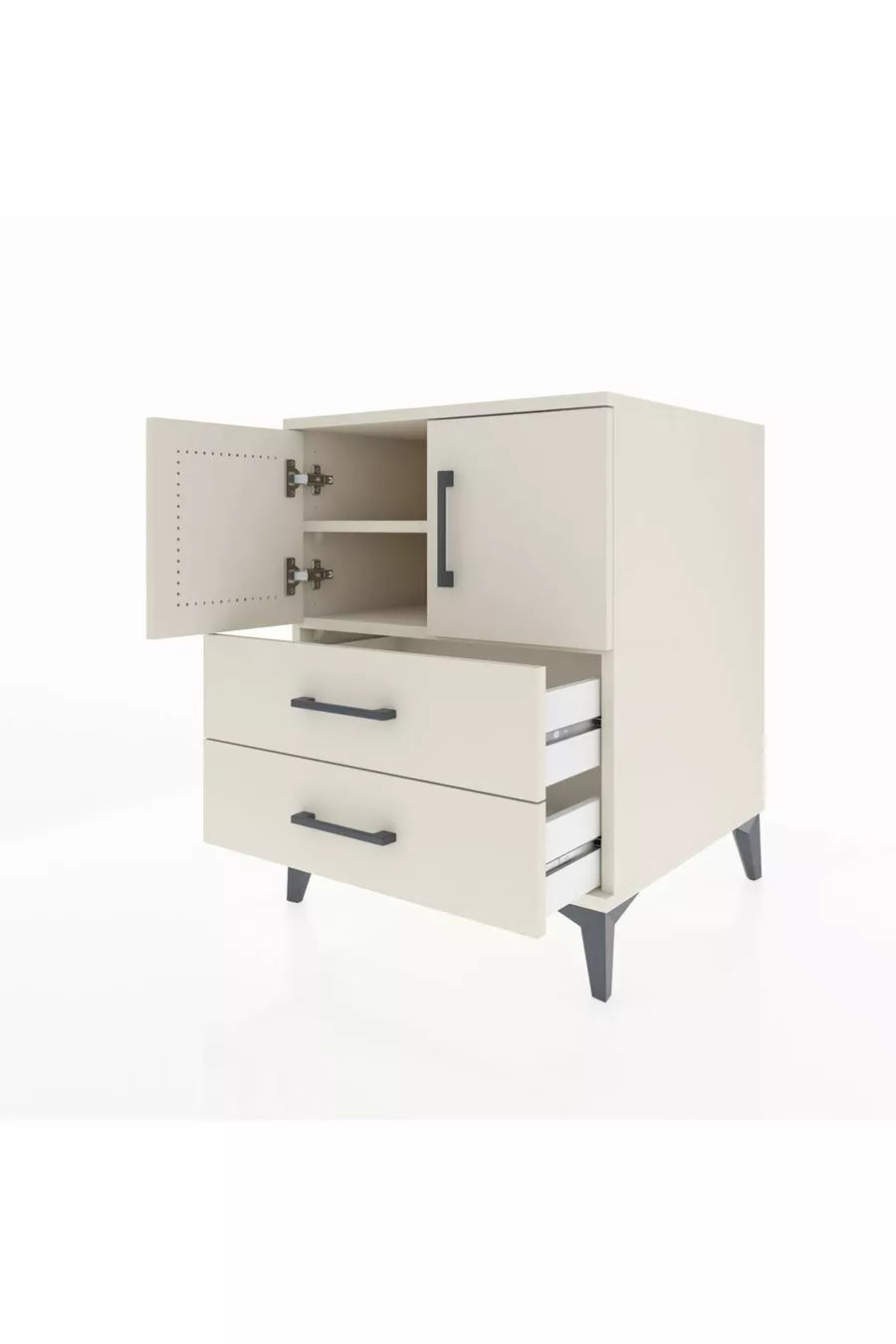 Kronos Table de Chevet avec 2 Étagères, 2 Tiroirs et 2 Portes, Albâtre-Albâtre