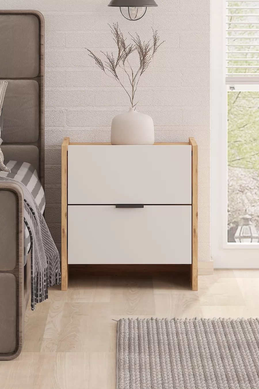 Table de chevet Sadem à 2 tiroirs, pin Atlantique/blanc, avec grand espace de rangement, design moderne (, cm)