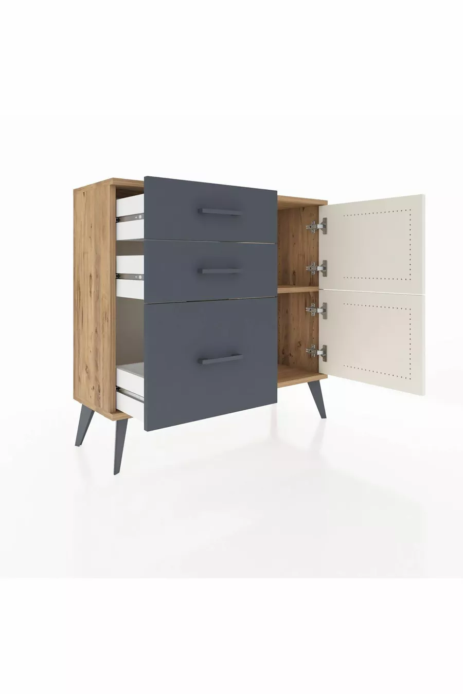 Commode Arges à une étagère, 3 tiroirs et 2 portes, Pin-Pierre de lune/Anthracite