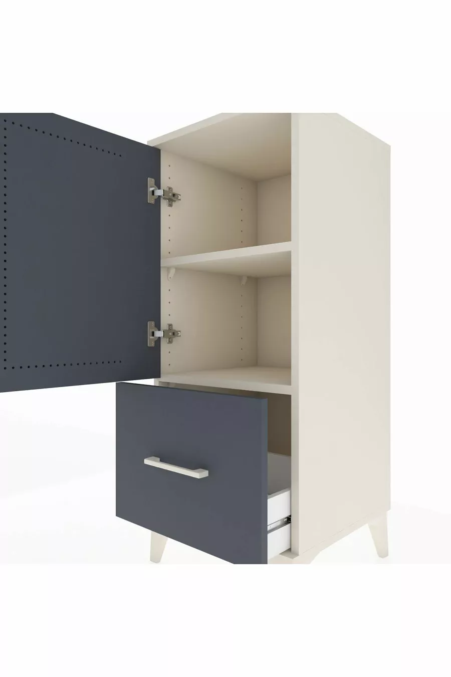 Table de chevet Hyperion avec 2 étagères, 1 tiroir et 1 porte, couleur Pierre de Lune-Anthracite