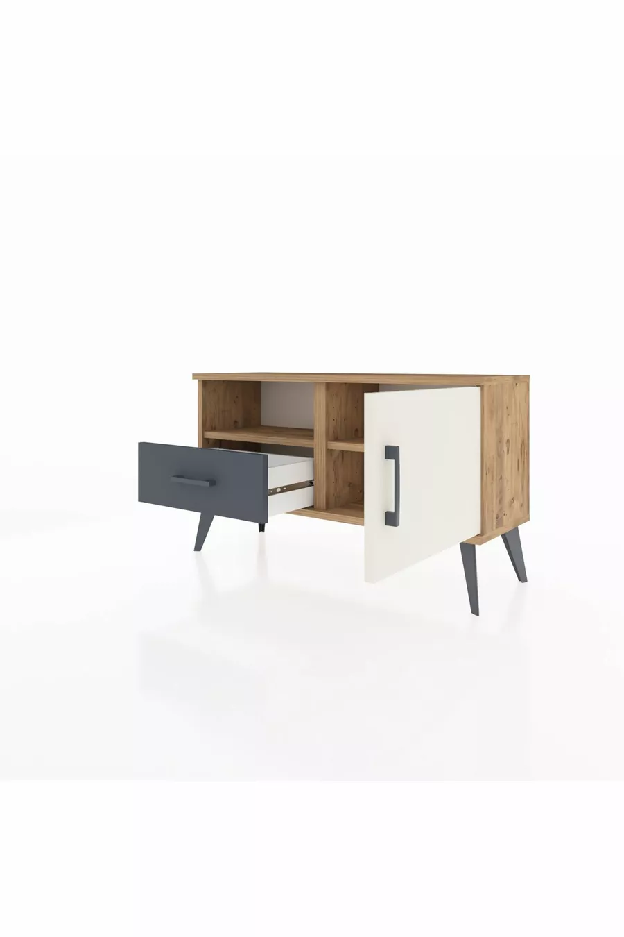 Commode Arges avec 2 étagères, 1 tiroir et 1 porte, en pin-pierre d'âme / anthracite