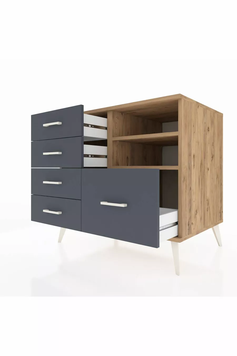 Commode Kronos 2 étagères 5 tiroirs Pin-Pin/Anthracite