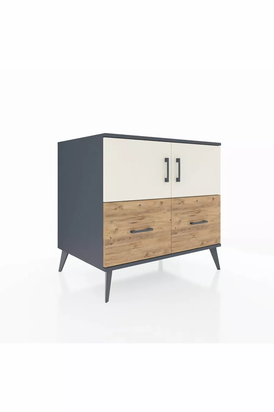 Commode Kronos avec 2 étagères, 2 tiroirs et 2 portes Anthracite-Pierre d'argile/Sapin