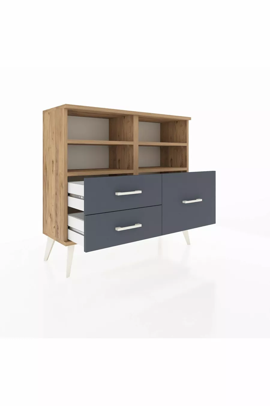 Commode Arges 4 étagères 3 tiroirs Pin-Pin/Anthracite