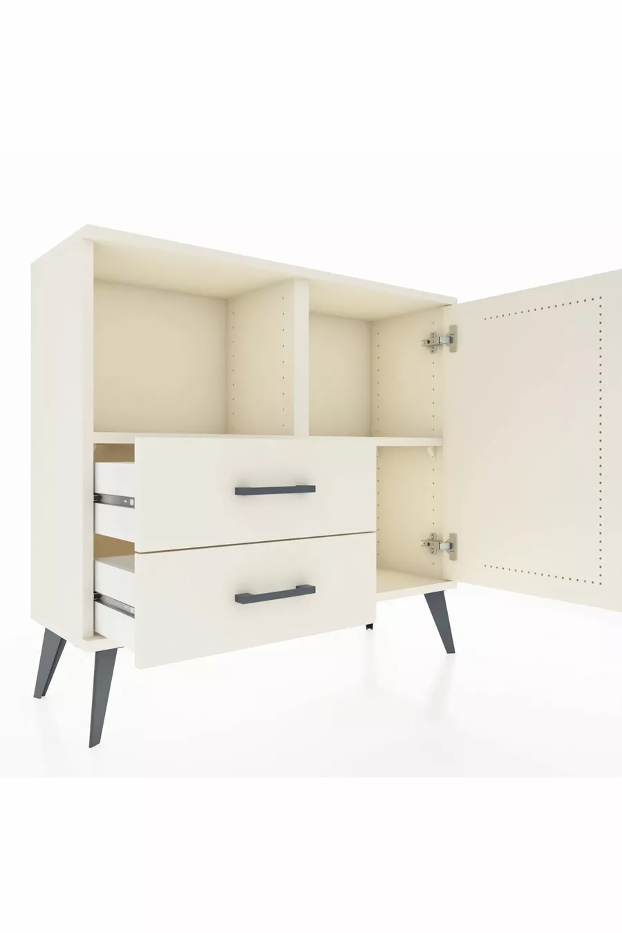 Commode Arges avec 2 étagères, 2 tiroirs et une porte, couleur Oeil-de-pierre