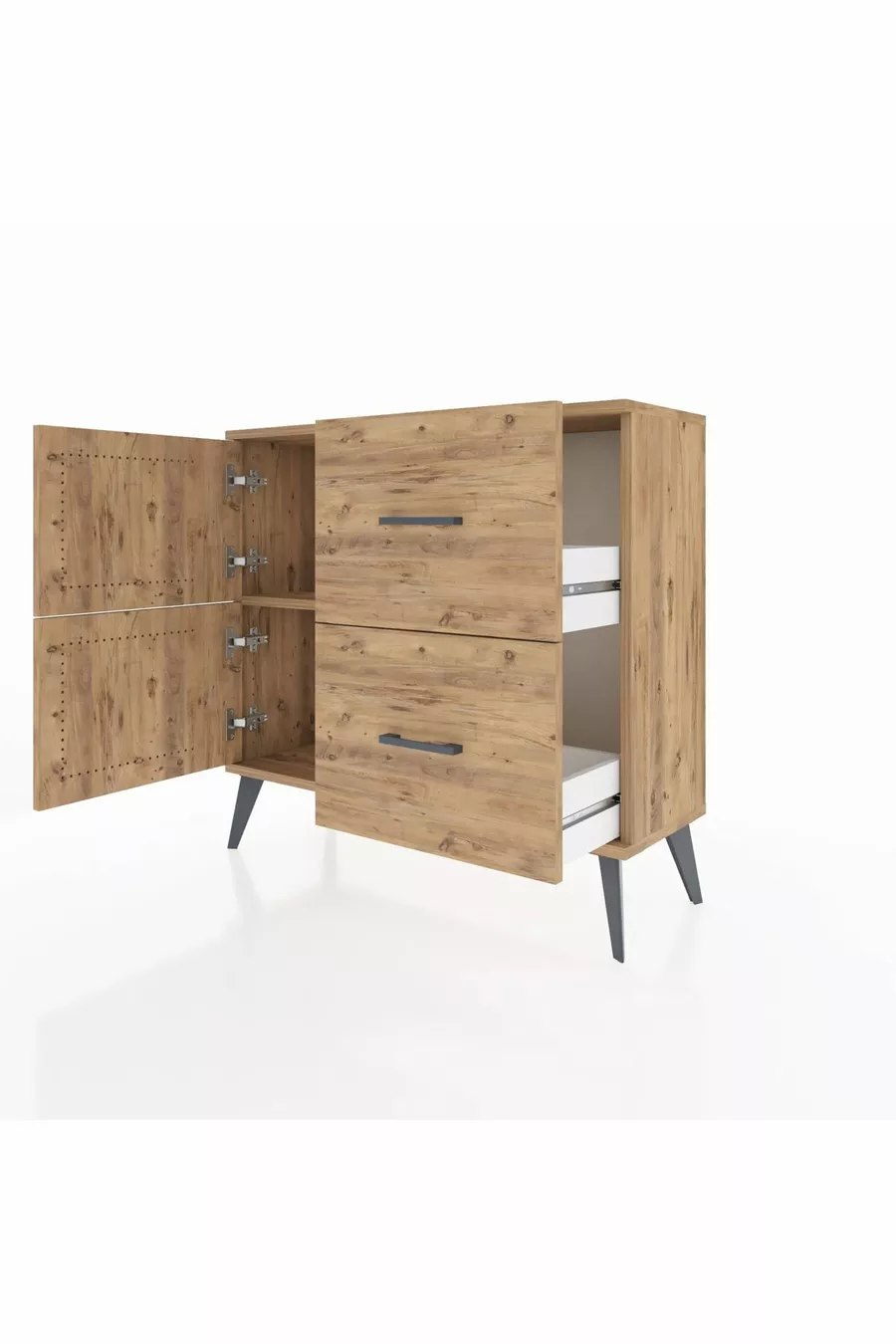 Commode Arges avec une étagère, 2 tiroirs et 2 portes, pin-pin