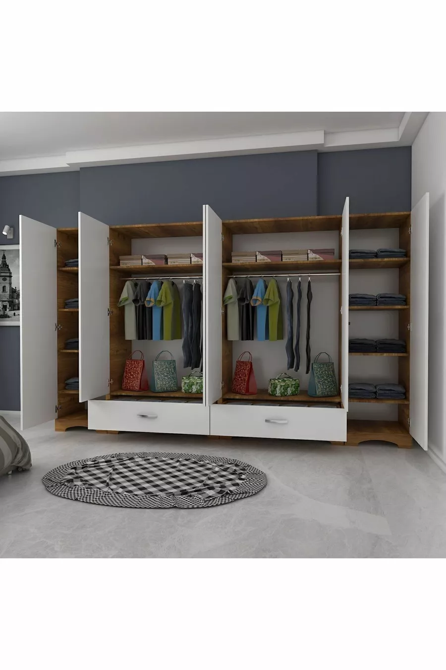 Armoire Rani  à large garde-robe, 6 portes, 2 tiroirs, 2 penderies, module unique, miniature noyer - blanc