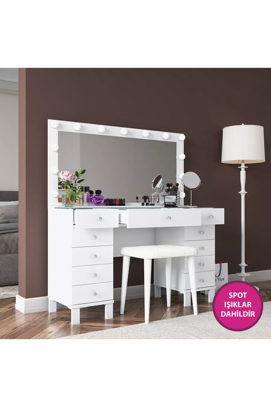Rani Coiffeuse de Coulisses avec Miroir Illuminé Hollywood, Ensemble avec Tiroirs, Organisateur de Bijoux et Pouf, Blanc