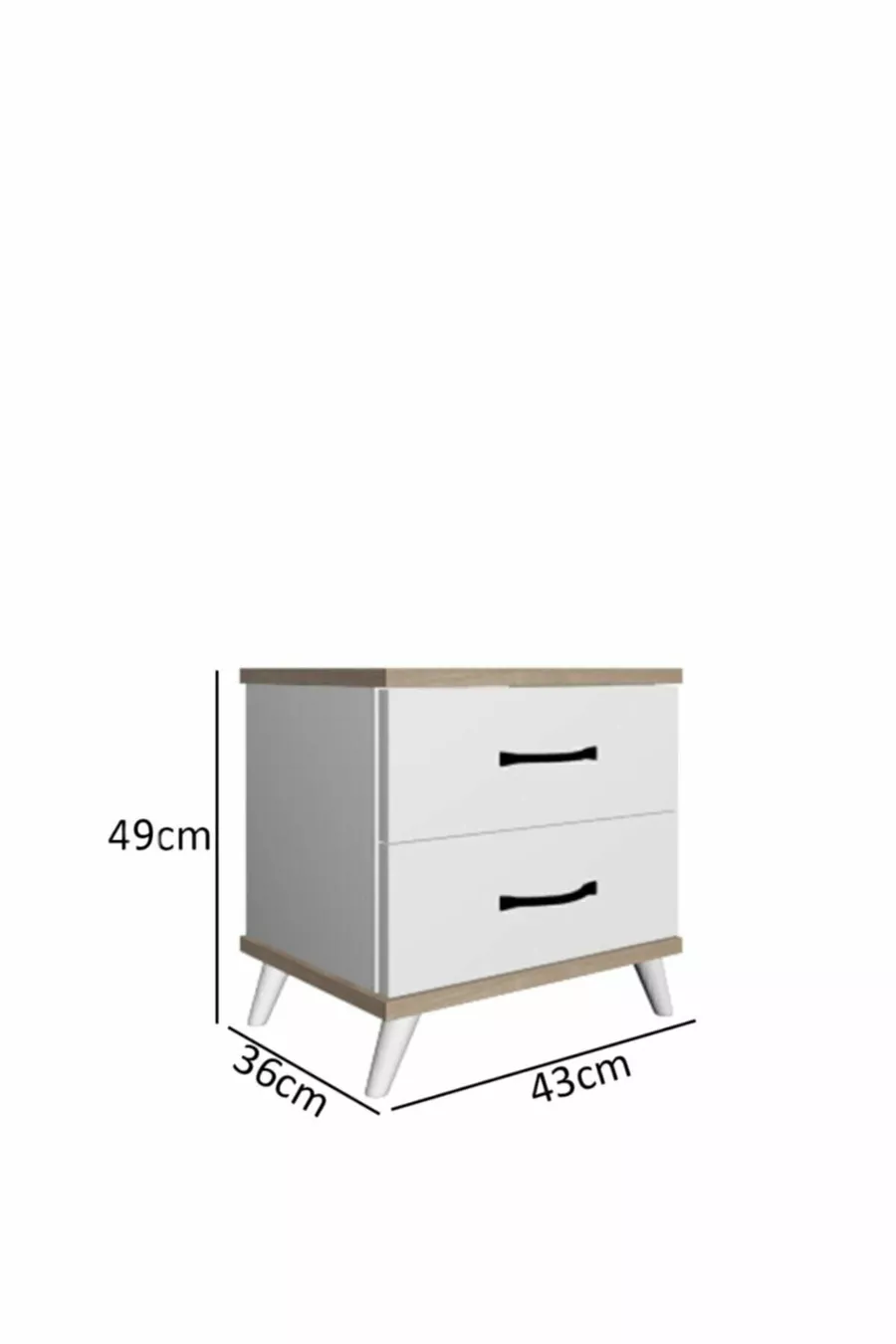 Table de chevet blanche Inci à 2 tiroirs, avec pieds, Cm