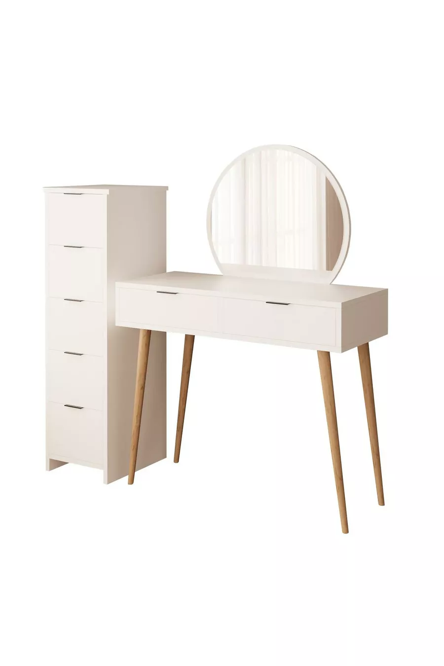 Ensemble de Coiffeuse Lucy – Blanc avec Miroir, Armoire à Tiroirs, Organisateur de Bijoux
