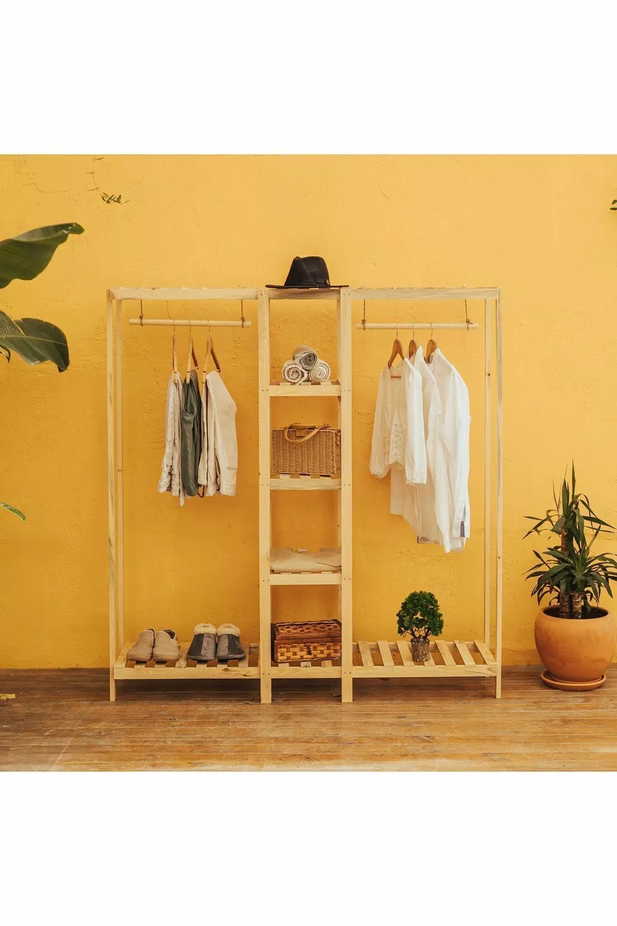 Armoire ouverte en bois avec 2 tringles  cm Armoire polyvalente en bois de pin massif à  %