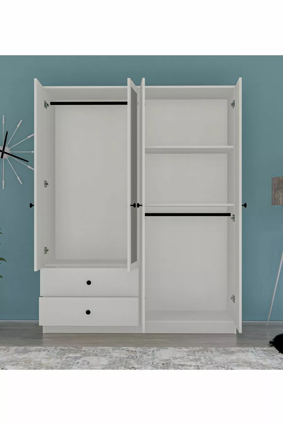 Armoire 4 portes 2 tiroirs GM  Novado avec poignées boutons et miroir