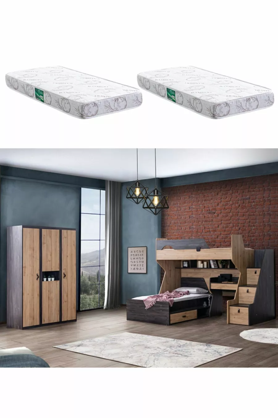 Lit superposé, Lit Nature, Lit simple, Bureau, Armoire 3 portes, 2 matelas Comfort