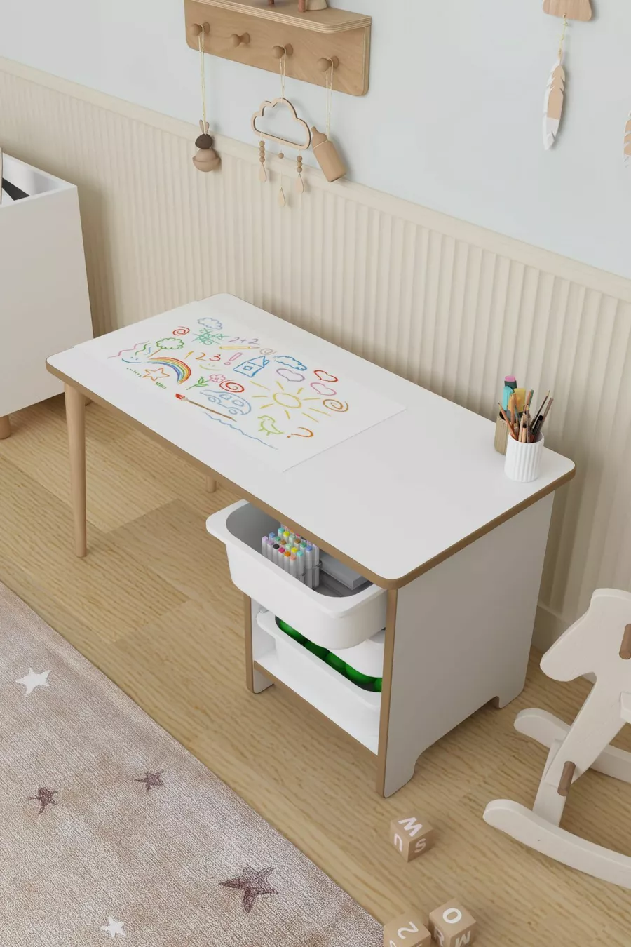 Table d'activité avec rouleau de papier à dessin, bureau pour enfants, armoire à jouets