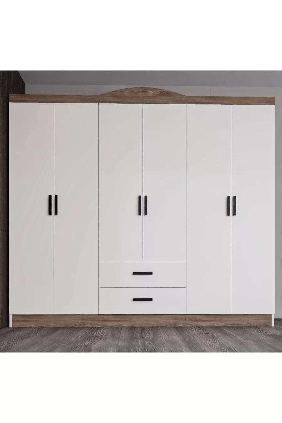 Armoire Bianca à 6 portes et 2 tiroirs, grande armoire & penderie, pin Atlantique & blanc
