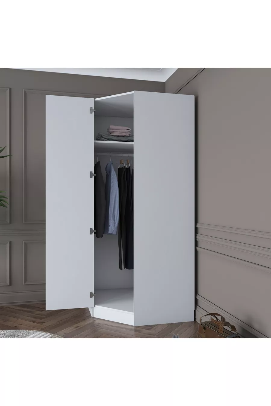 Rani  Module d'Angle Armoire 1 Porte avec 6 Étagères et Penderie Unité d'Angle Complémentaire Blanche