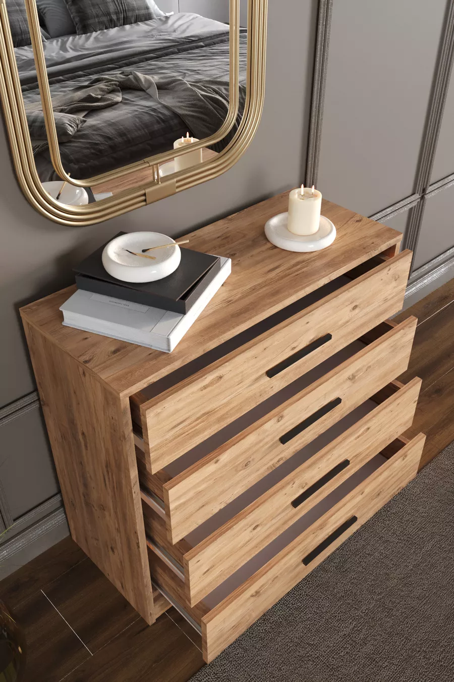 Commode Mira à 4 tiroirs, poignées noires, pin Atlantique, cm