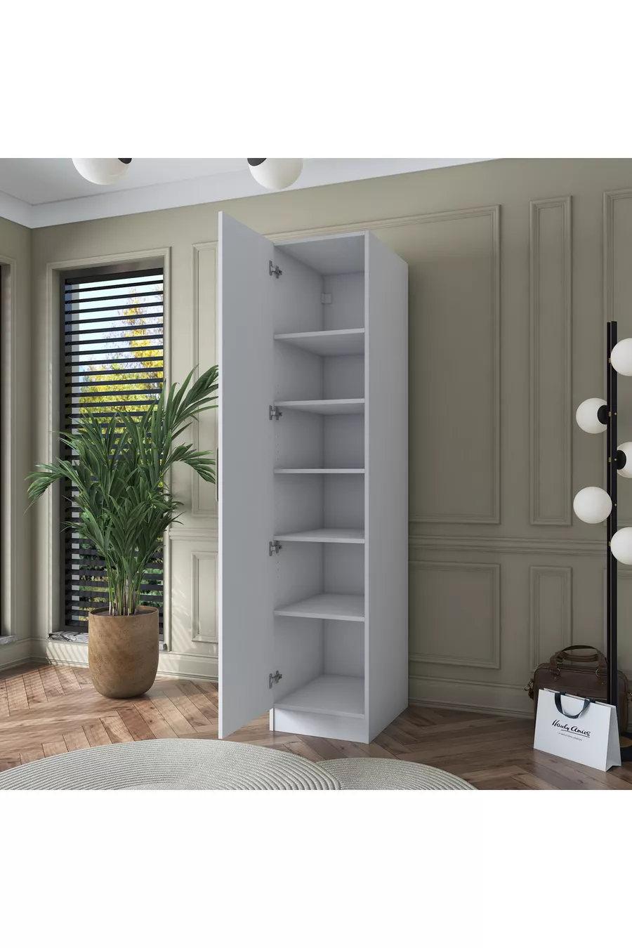 Armoire Rani  à une porte avec 5 étagères pour vêtements, blanche