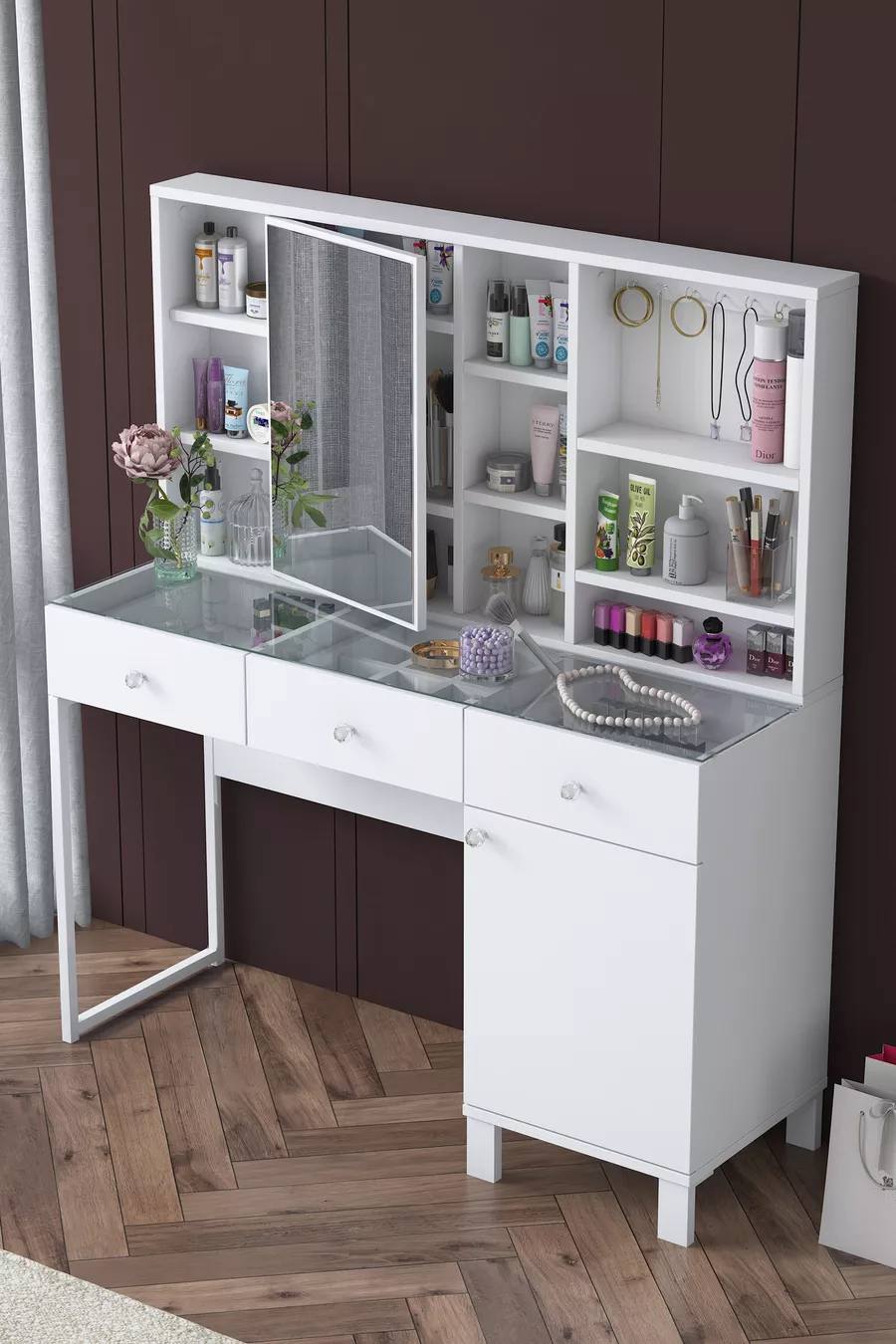 Coiffeuse avec tiroirs Rani à miroir et couvercle, organiseur de bijoux avec crochets, blanc