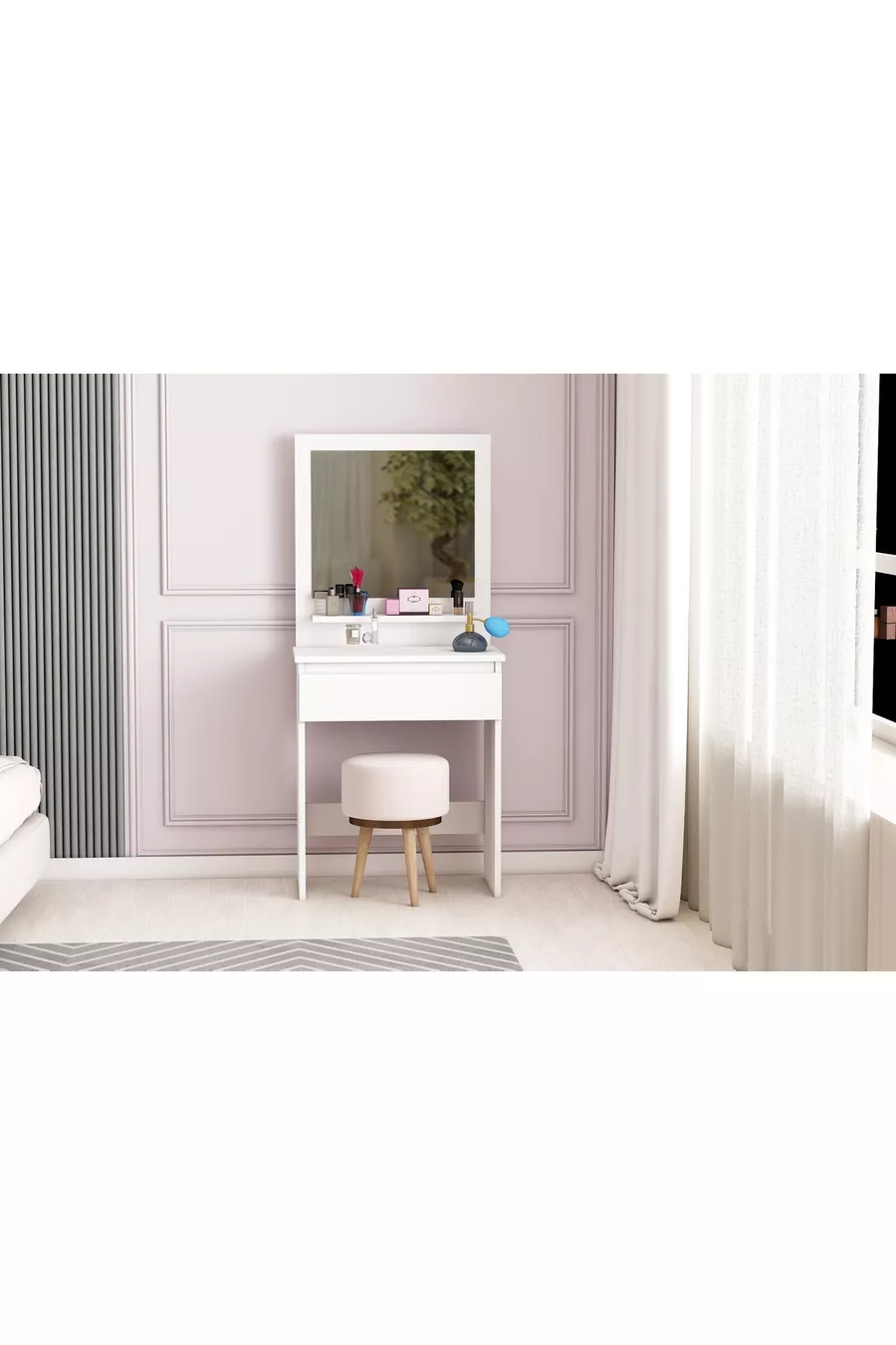 Coiffeuse Luna, avec étagères, tiroirs et miroir, blanche
