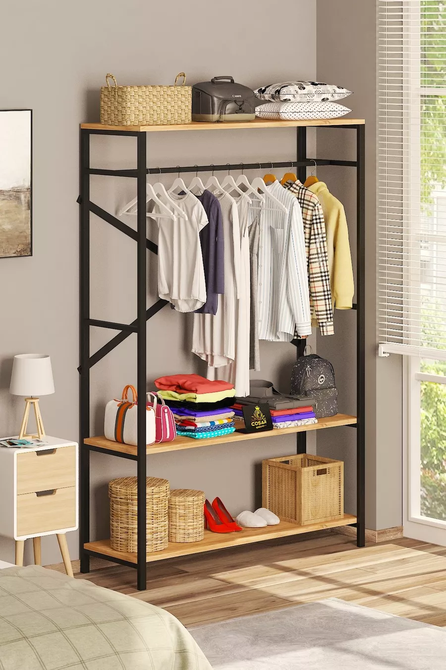 Alkor  Armoire Vestiaire Ouverte en Panneau de Particules Métal avec Motif Bois Massif Porte-Manteaux
