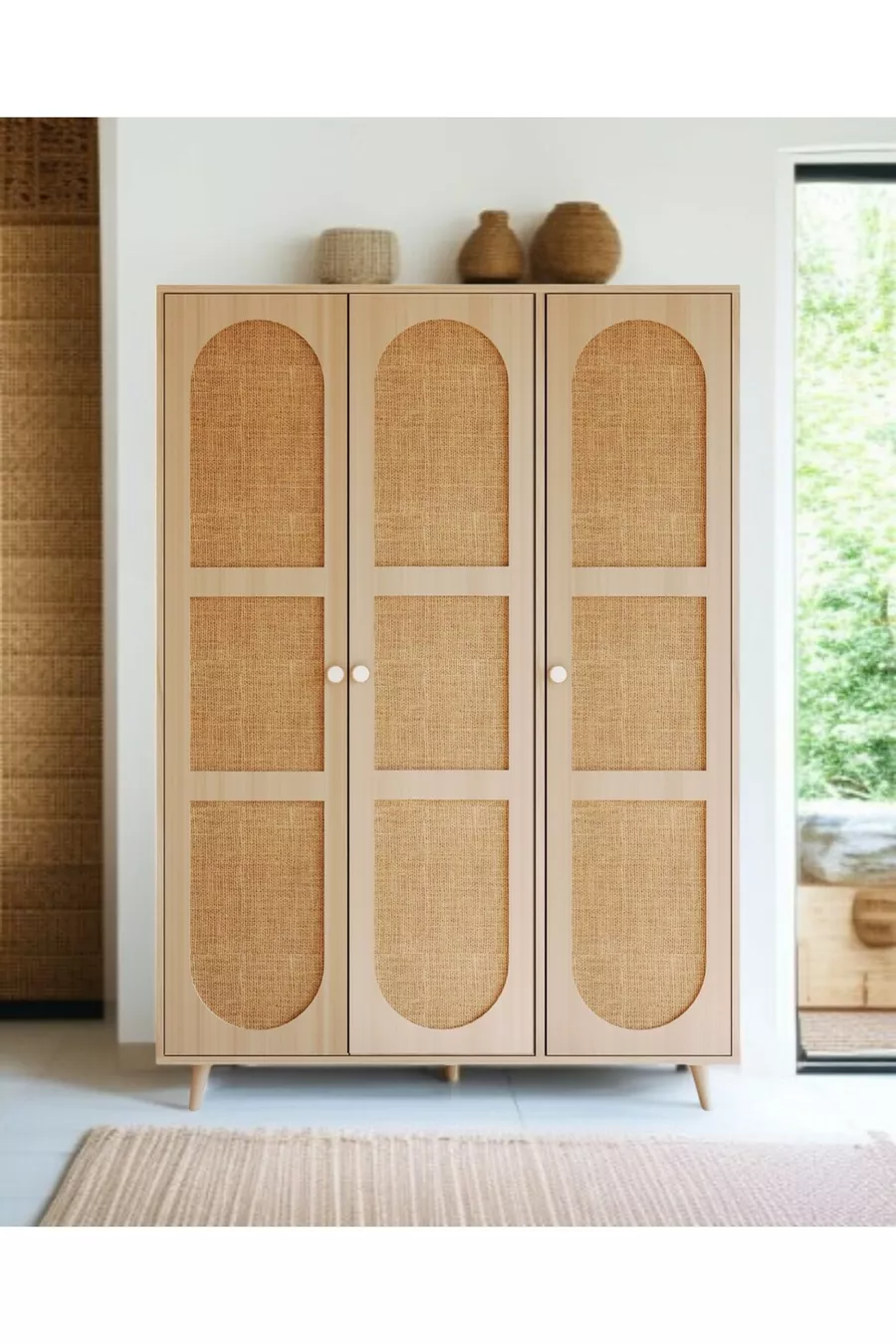 Garde-robe Bali Bohem à 3 portes – Armoire à vêtements avec portes en MDF et tissu jute | Couleur chêne –