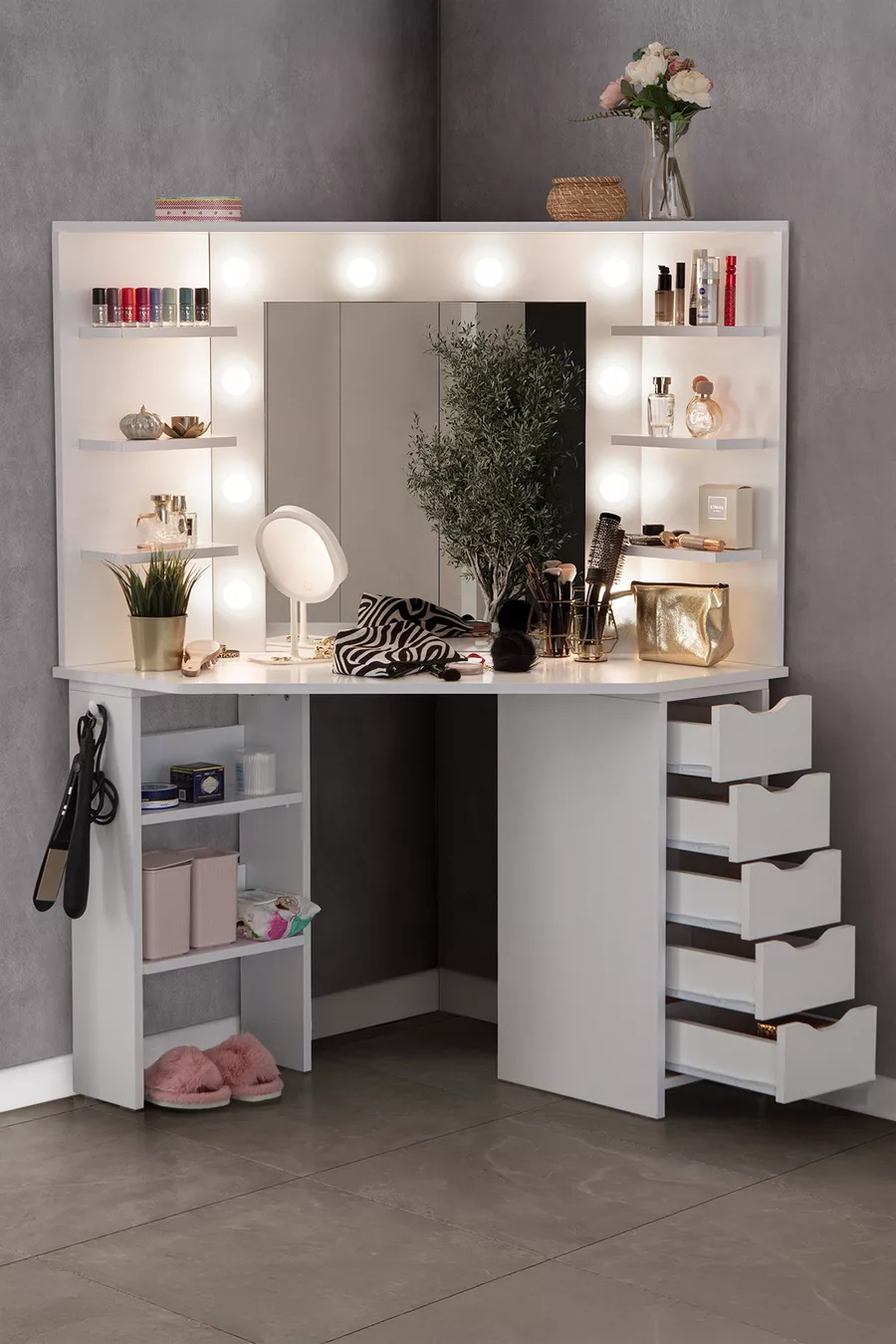 Coiffeuse d'angle Diva Hollywood avec miroir rétroéclairé LED et 5 tiroirs