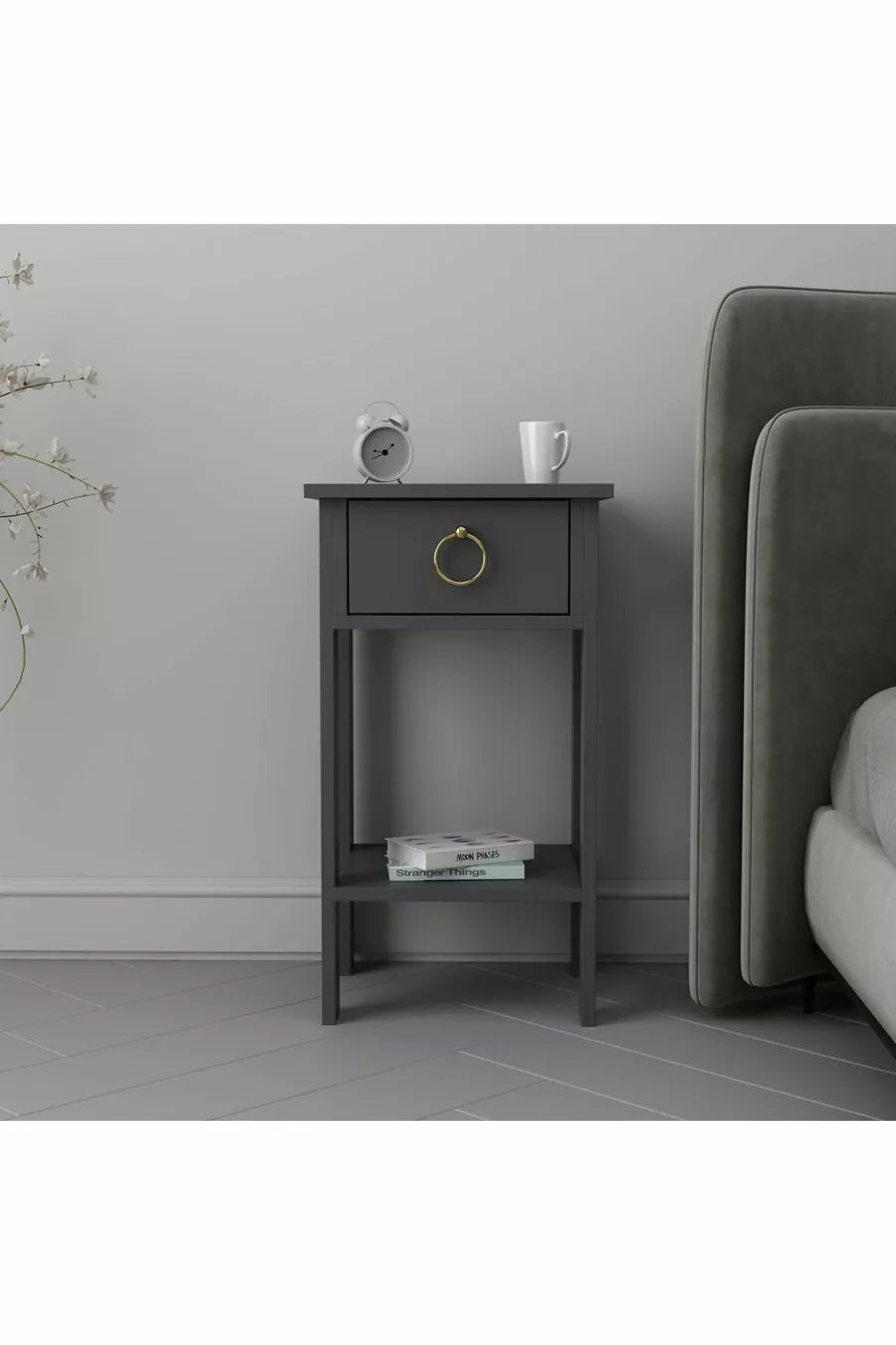 Table de chevet Mandosi Mobilier à un tiroir avec poignée anthracite et dorée