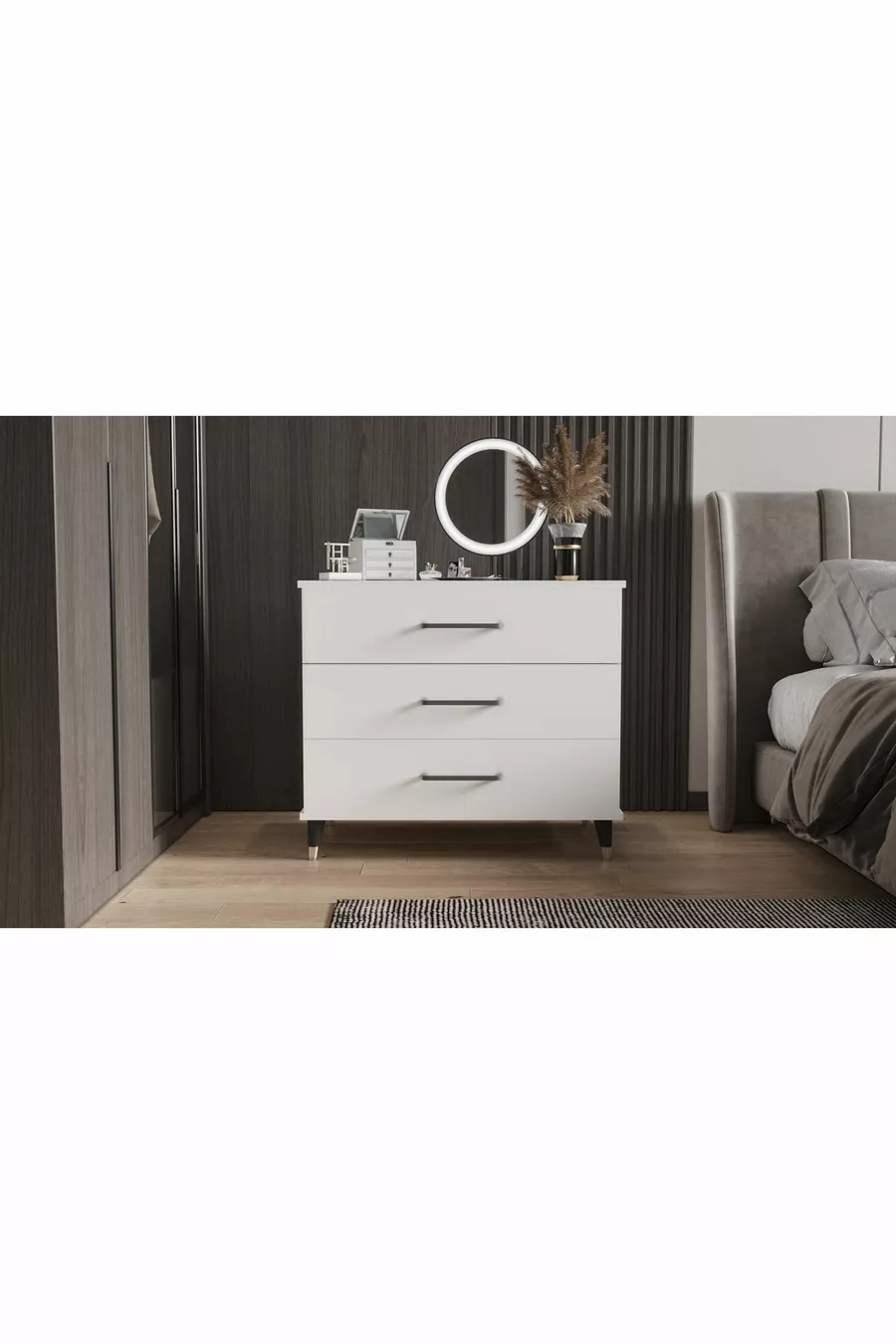 Commode à trois tiroirs avec miroir (BLANC BRILLANT)