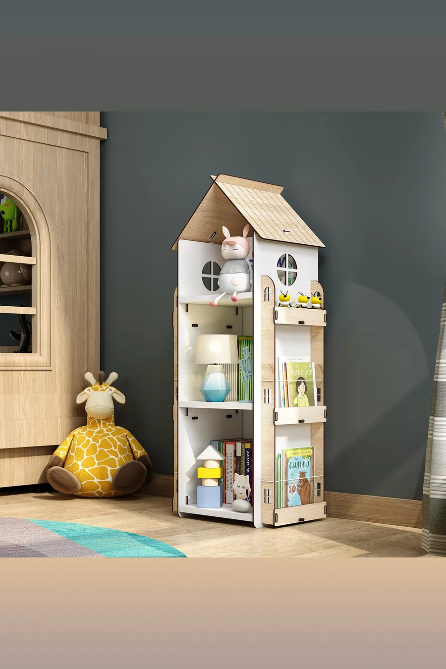 Bibliothèque Montessori en bois pour chambre d’enfant Roofy à 9 étagères, style scandinave