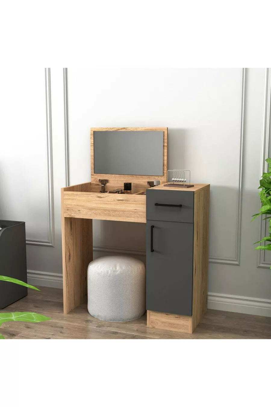 Coiffeuse Miroir en Anthracite Pin Atlantique Perle – Avec Tiroirs, Armoire & Design Élégant