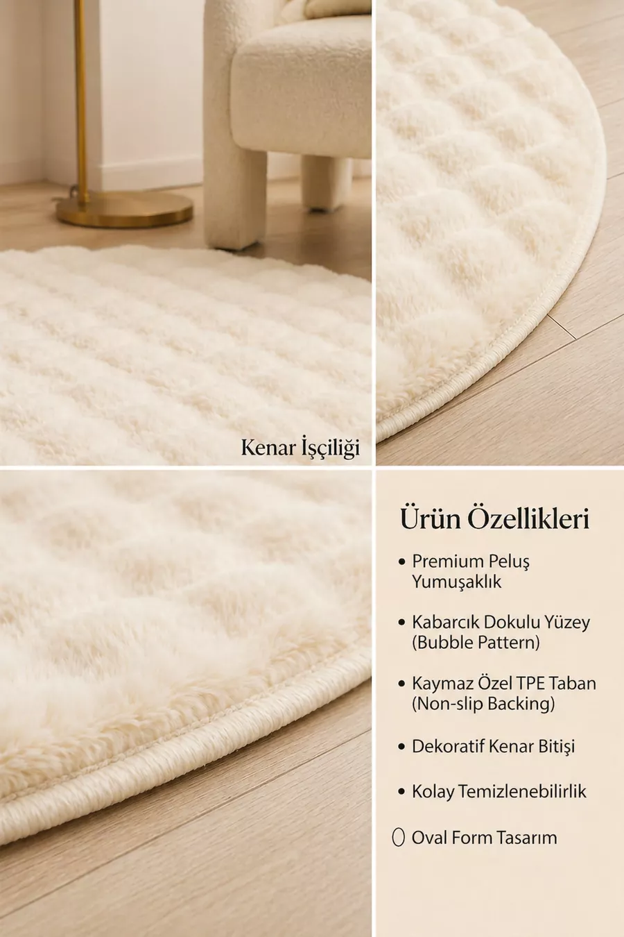 Tapis en peluche ovale crème avec dessous antidérapant, lavable, doux, pour salon et chambre