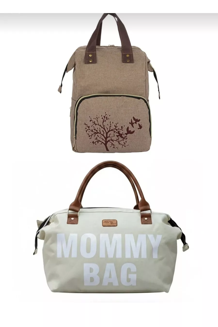 Ensemble de 2 pièces de luxe beige et bois Sac à dos pour soins mère-bébé et sac à main et sac à épaule pour mère-bébé