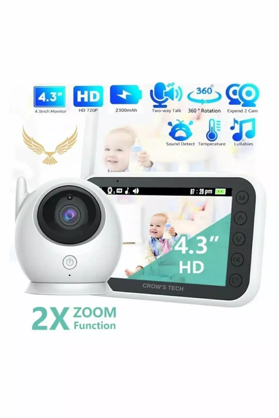 Moniteur pour bébé avec écran CT-LCD et vision nocturne - Caméra de surveillance pour bébé sans fil avec contrôle de la température de la chambre