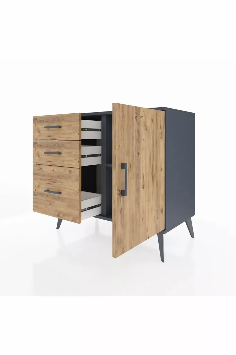 Commode Hyperion à une étagère, 3 tiroirs et une porte, Anthracite-Bois de pin
