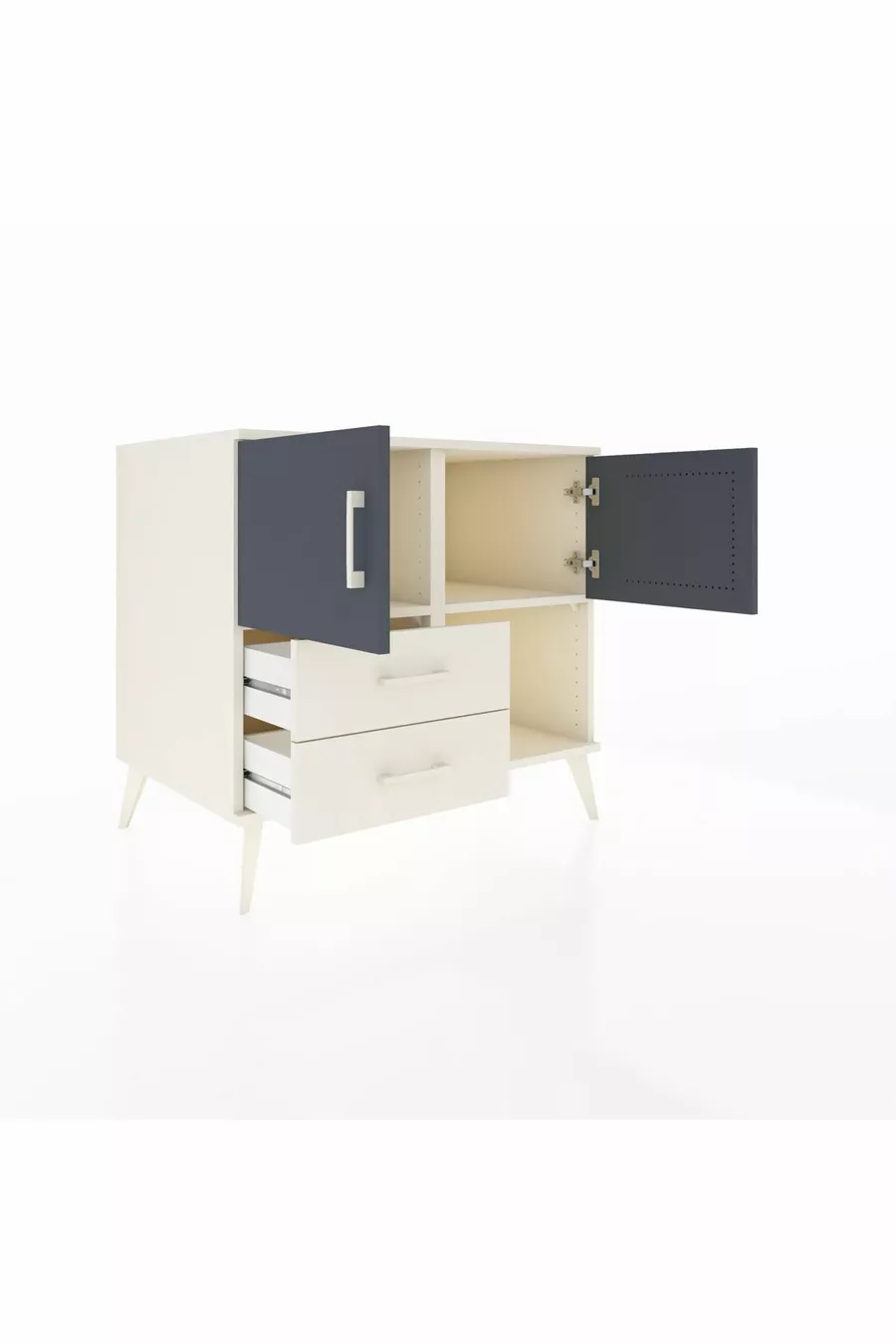 Commode Kronos avec 2 étagères, 2 tiroirs et 2 portes, Albâtre-Anthracite/Albâtre