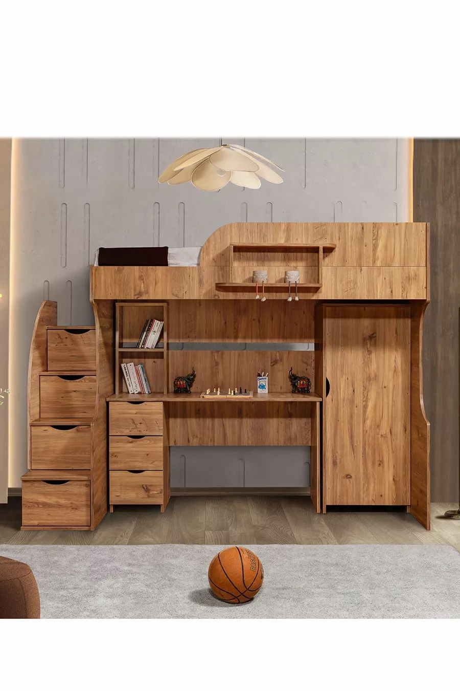 Lits superposés, Bureau avec armoire Litera, Noyer foncé