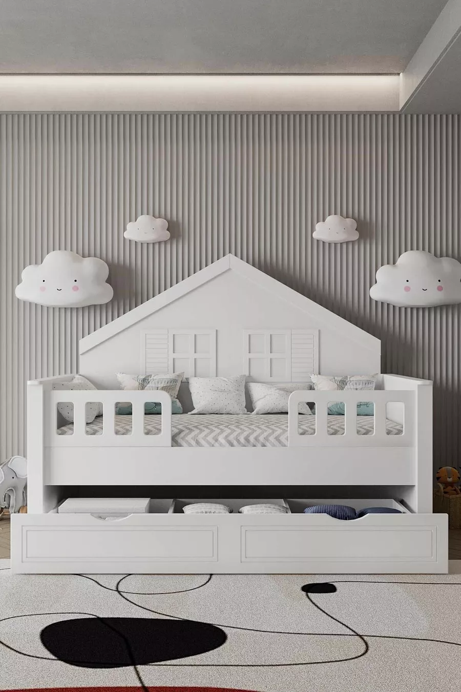 % Lit Montessori pour enfants en MDF avec tiroirs, blanc