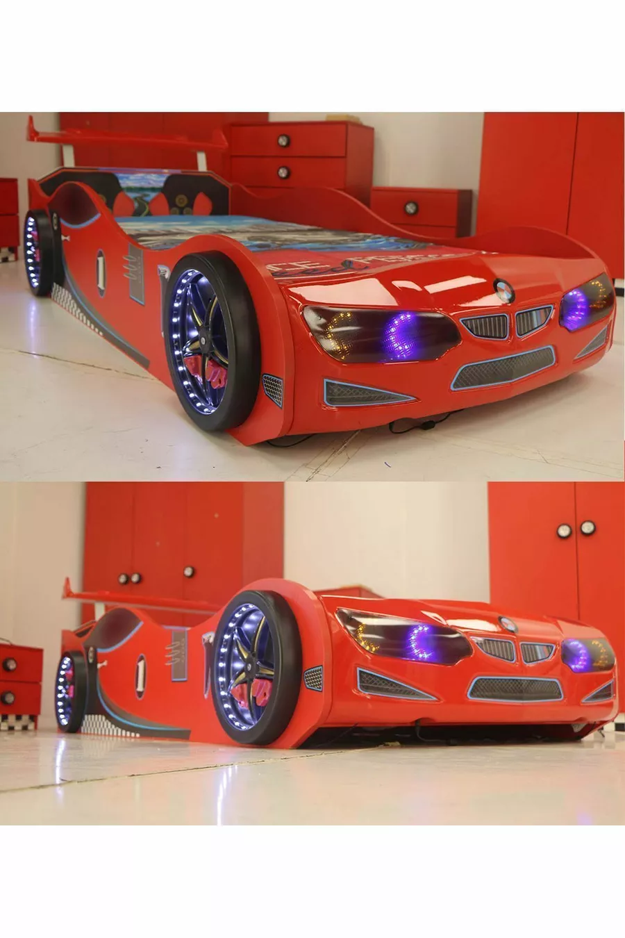  - Lit avec Voiture Rouge - Lit Cadre Voiture - Série - Avec Éclairage LED Complet