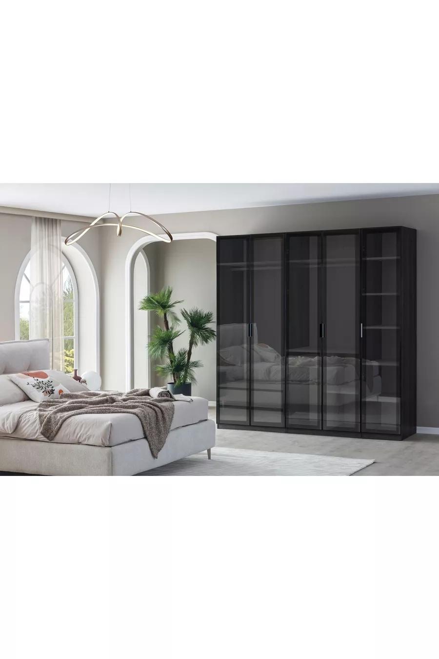 ENSEMBLE DE CHAMBRE PANDOR NOX AVEC PORTES EN VERRE, NOYER FONCÉ, 5 PORTES