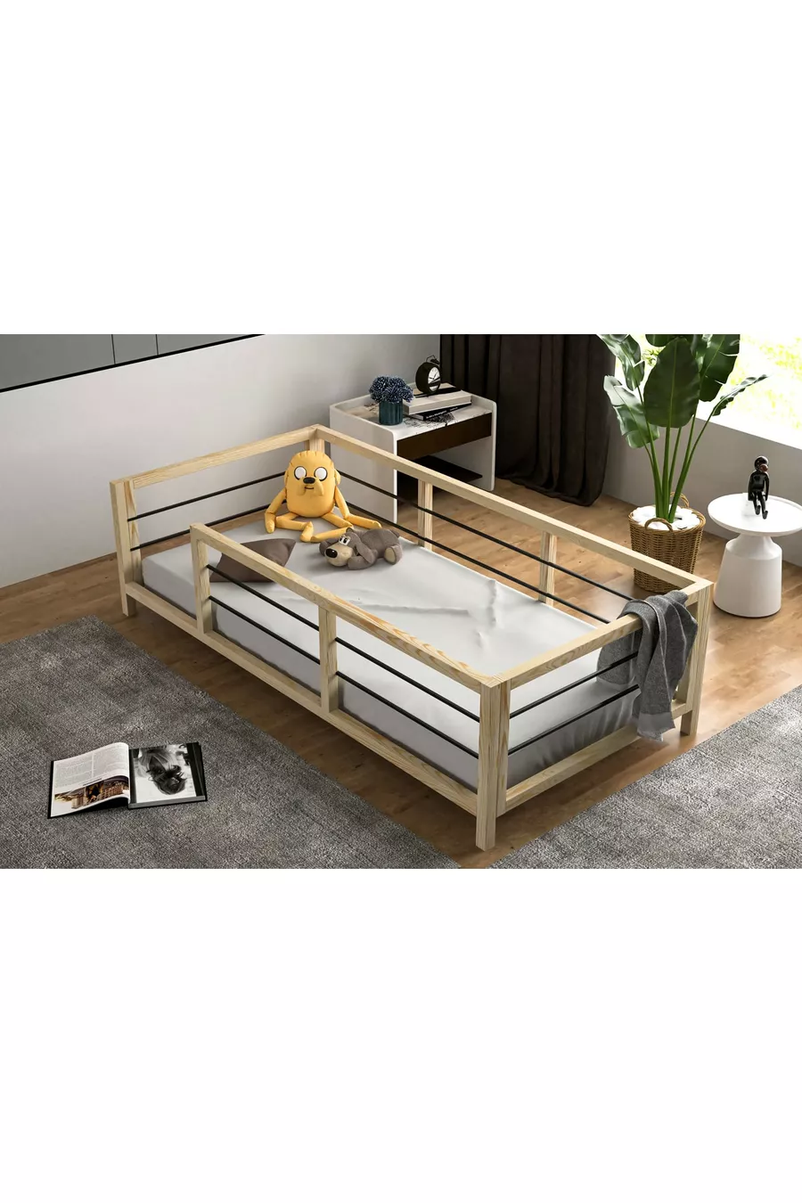 Lit pour bébés et enfants en bois naturel avec protection métallique sur les bords Yap-sa Home Aksa-montessori