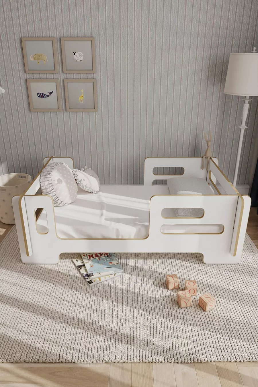 Lit d'enfant moderne Montessori Mdflam, cadre de lit, sommier - Blanc