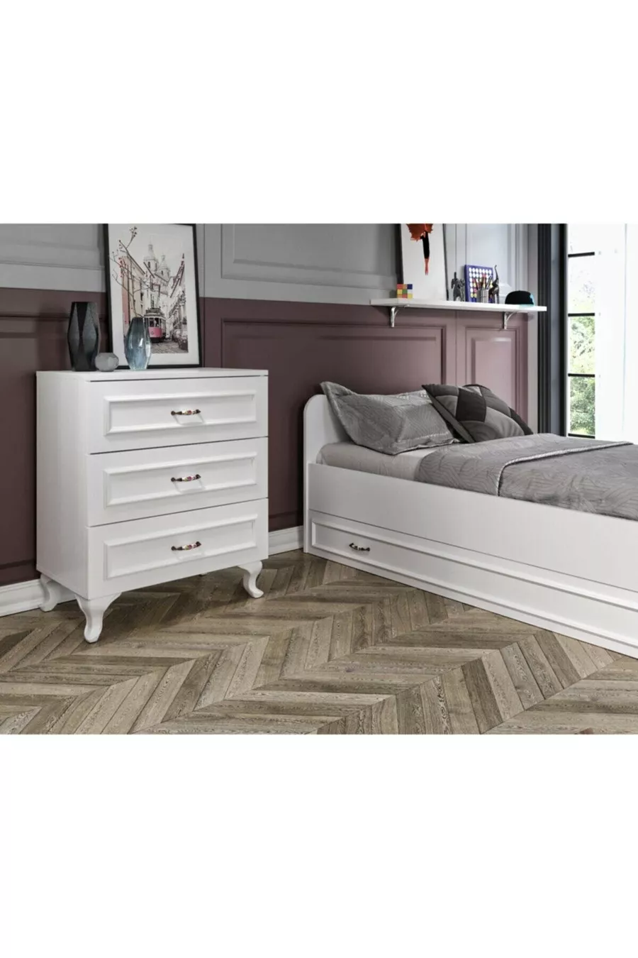 Ensemble de chambre Kartopu Country - Armoire à 3 portes, Lit superposé, Commode à 3 tiroirs entièrement en MDF