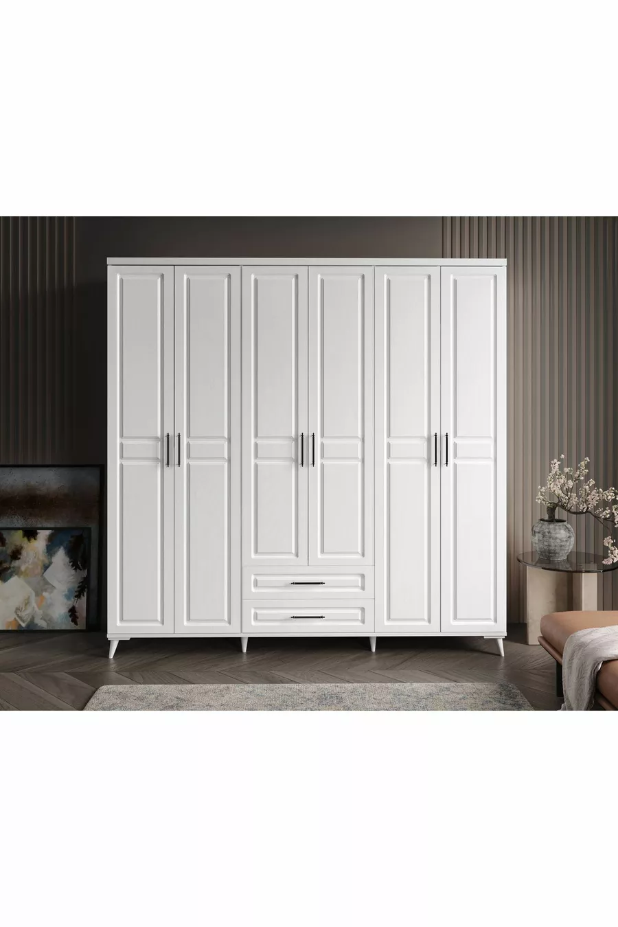 Ensemble de chambre à coucher complet en MDF blanc avec 6 portes Gözde, montage gratuit